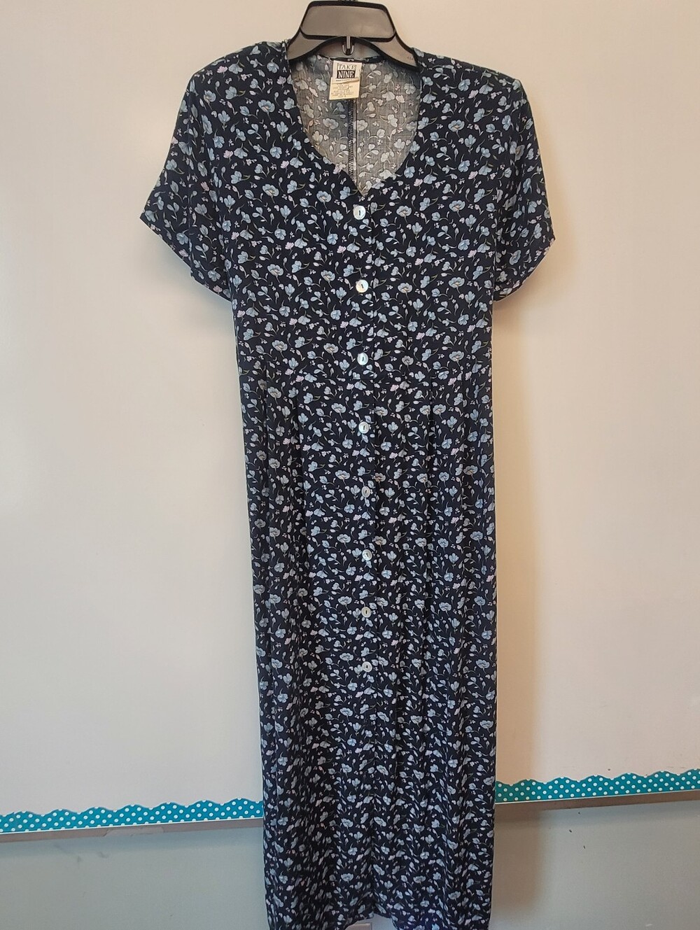 Vintage Take Nine Maternity Blue Floral Button Front Rayon Maxi Dress Medium